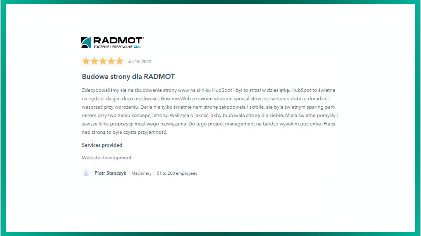 Radmot rekomendacje o wdrożenie crm dla firm produkcyjnych