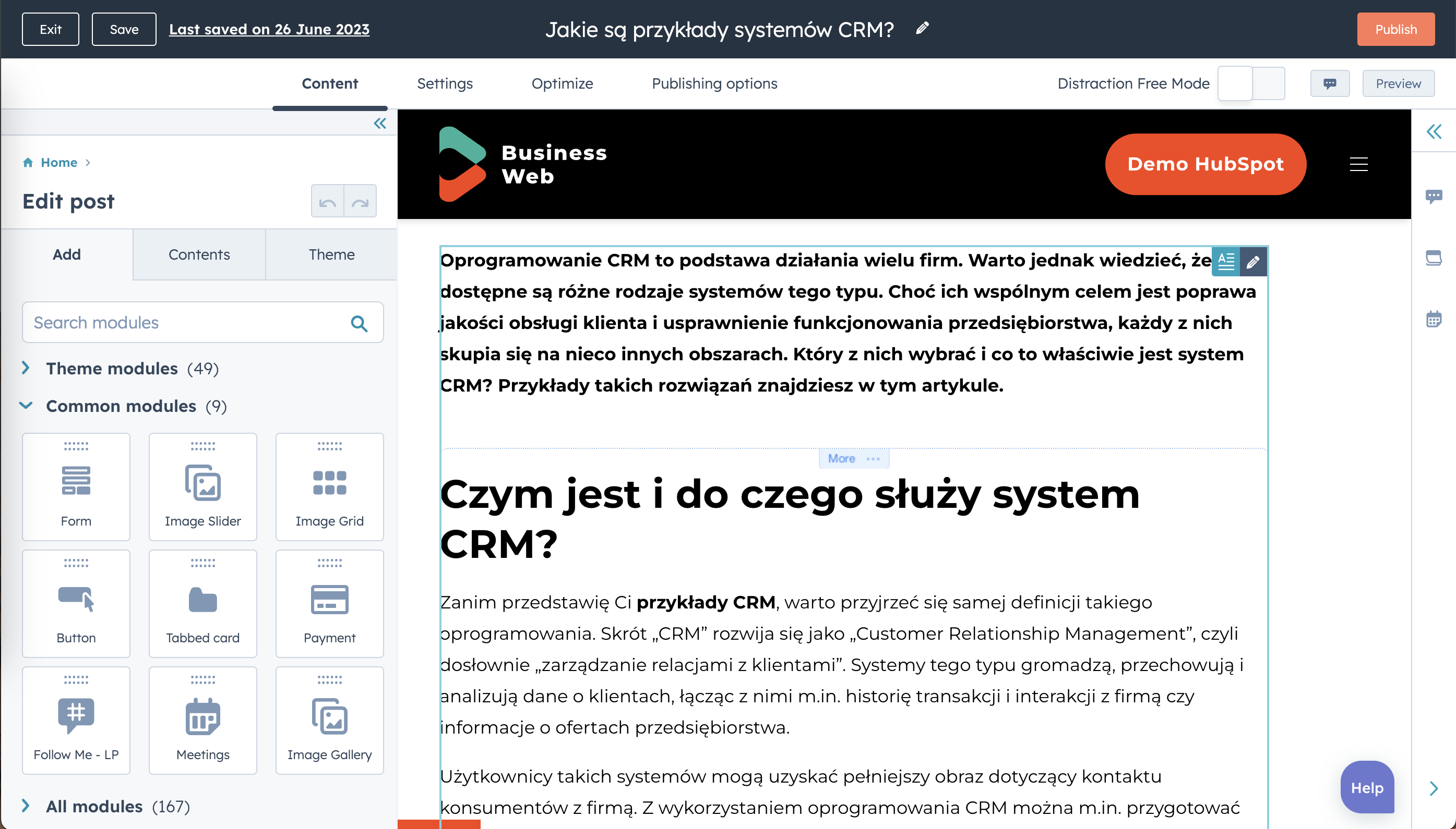 HubSpot CMS - tworzenie wpisu na bloga