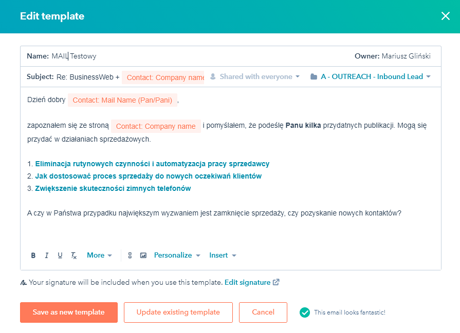 gotowe treści mailingowe dla handlowców dostępne w CRM