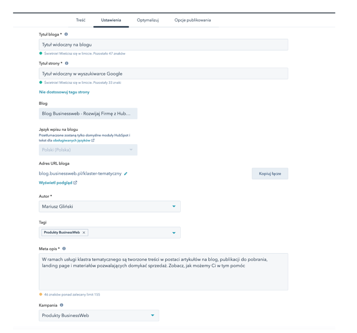 ustawienia tytułów wpisów meta description i autora w HubSpot CMS