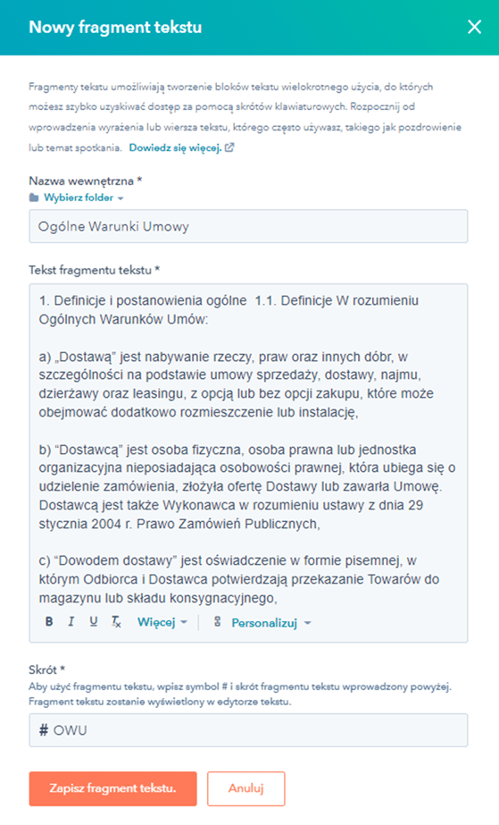 Okno pokazujące tworzenie bloków tekstu do wielokrotnego użytku