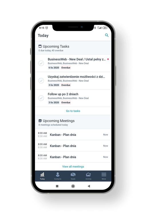 zadania na dziś w aplikacji crm mobilny crm